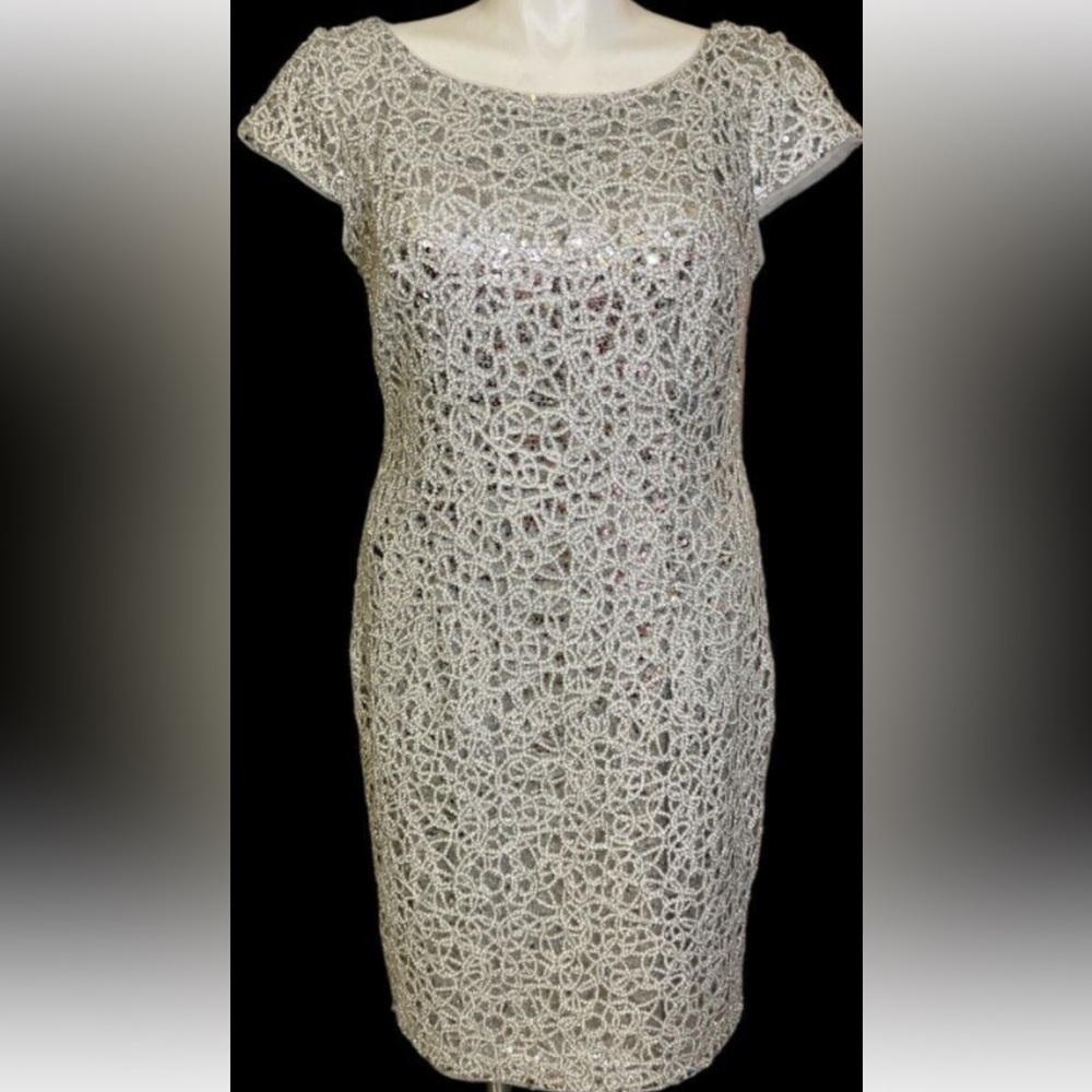 Adrianna Papell size 4 gorgeous silver glass pieces cocktail dress $249